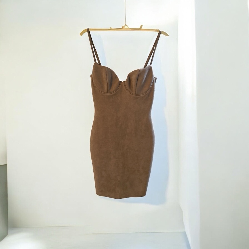 Like New Windsor Bodycon Dress Light Brown Suede Like with Built in Cups Size S